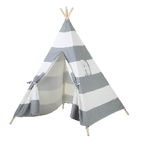 Grey Striped Portable Kids Cotton Canvas Teepee Indian Play Tent Playhouse